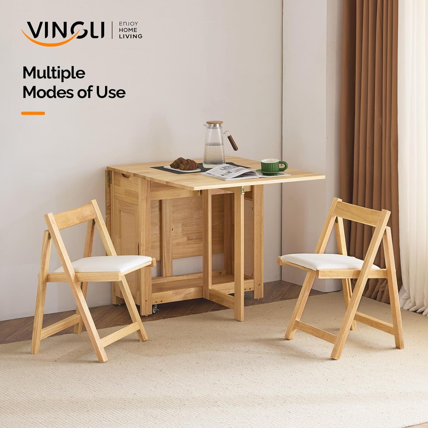 VINGLI Folding Dining Table Extendable Drop Leaf Foldable Table 5 Piece with 4 Chairs 2 Drawers and Wheels for Kitchen Space Saving，Natural