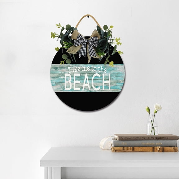Eveokoki Ase Me To The Beach Wooden Front Door Sign Rustic Round Wreath Wall Hanger Porch Decor Spring and Summer Farmhouse Decoration Housewarming Gift 11 Inches