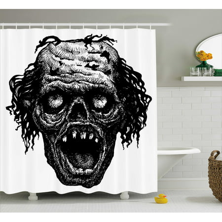 Halloween Shower Curtain, Zombie Head Evil Dead Man Portrait Fiction Creature Scary Monster Graphic, Fabric Bathroom Set with Hooks, Black Dark Grey, by Ambesonne
