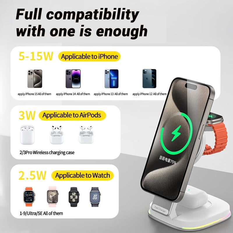 Magsafe Charging Station, 3 in 1 Charging Station Metal With Light for Apple Device, Wireless Charger for iPhone 16 15 14 13 12 11 X Pro Max & Apple Watch