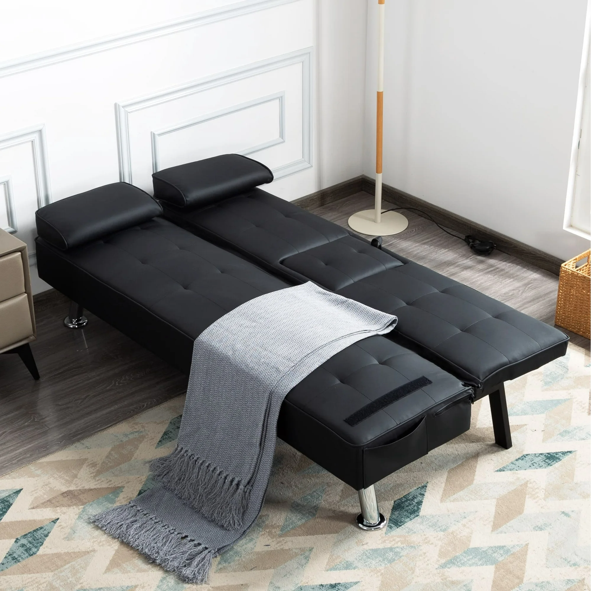 BSHTI Futon Convertible Sleeper Sofa Bed,With 3-Position Adjustable Backrest,Upholstered in PU Fabric,a Side Storage Pocket,Twin-Size Sleeper Sofa,Black