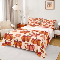 Manfei Red Bow Ribbon Full Size Sheets,Autumn Fall Pumpkin Bed Sheets,Hello Fall Leaves Sheet Sets For Child,Ultra Soft Home Decor,4-Piece
