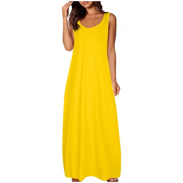 LOVZFMLL Robes pour Femmes Col Rond Uni Manches Courtes/sans Manches Robes Débardeurs d'Été Décontractées Amples Plage Maxi Robes Soleil Jaune A S