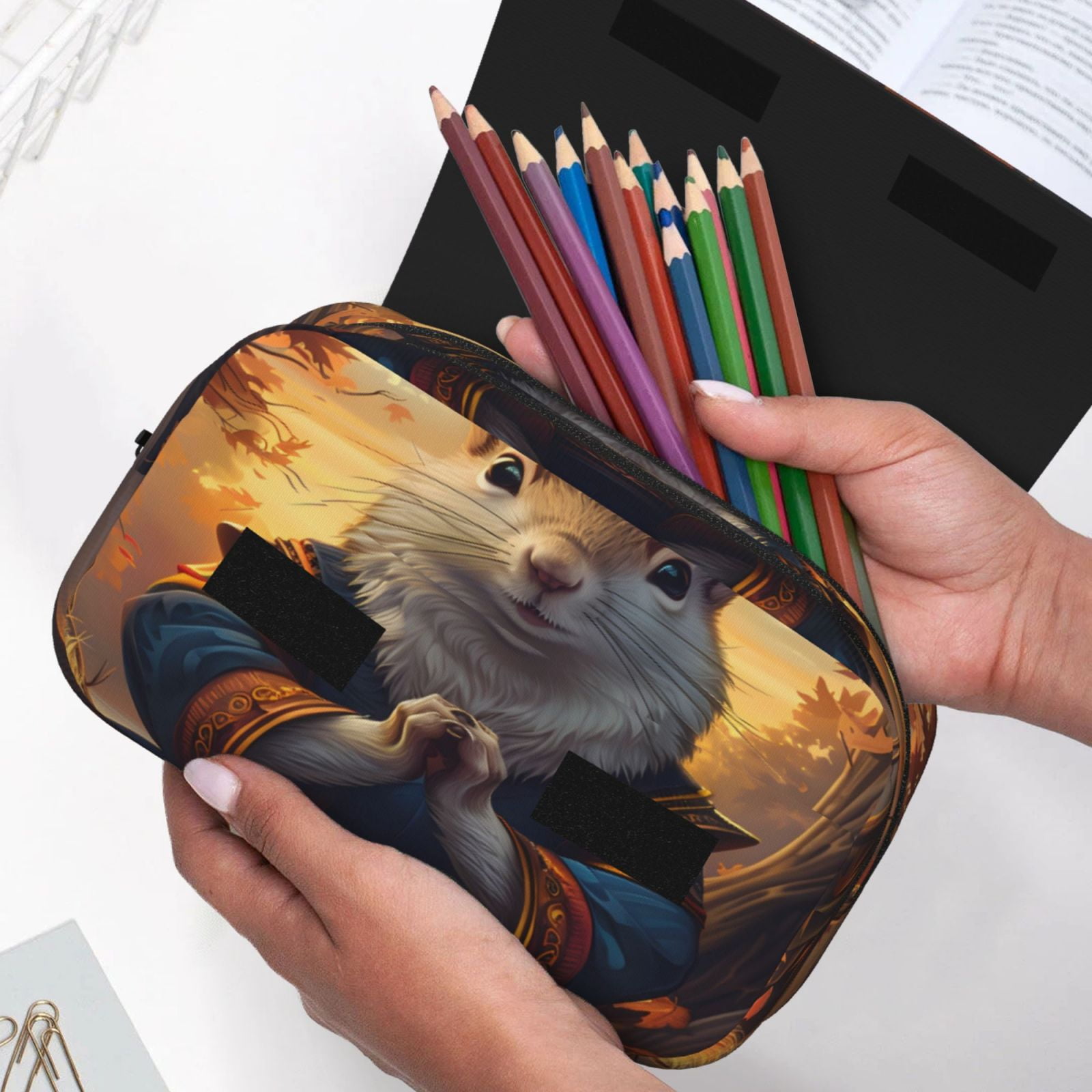 Rateoe Maple Leaf Meditating Squirrel Pattern Double Clamshell Pen Case, Storage Organizer with Two Zipper Compartments– Holds Up to 50 Pencils & Pens