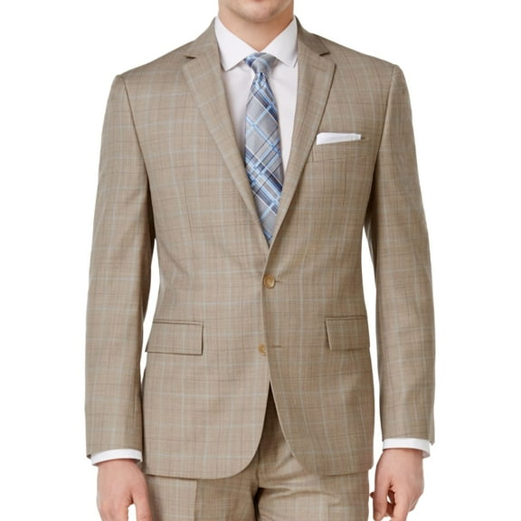 Ryan Seacrest Mens Plaid Two Button Blazer Jacket, Beige, 40 Long