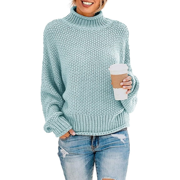 Maskion Women's 2023 Turtleneck Batwing Sleeve Loose Oversized Chunky Knitted Pullover Sweater Jumper Tops,L Aqua Blue