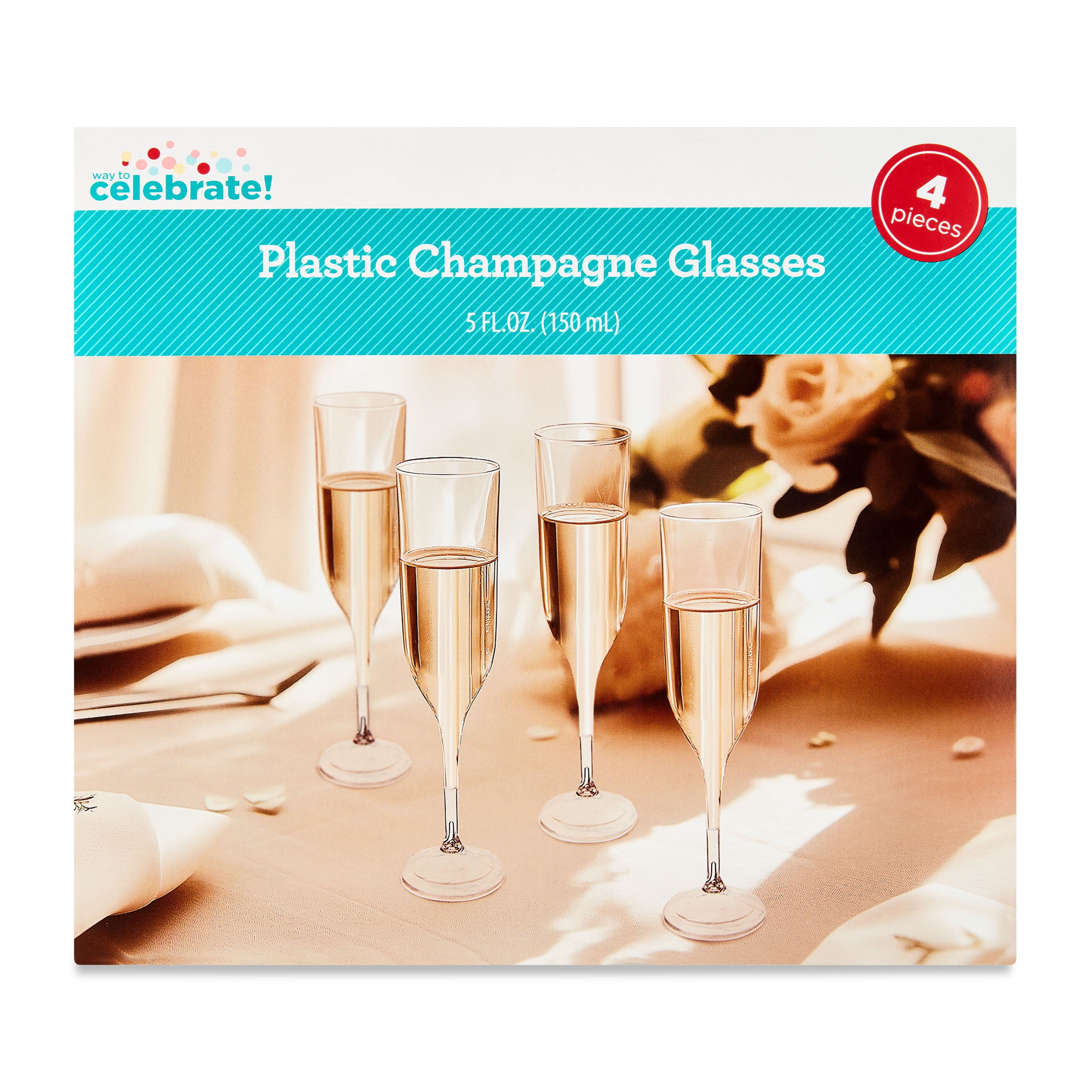 Clear Plastic Champagne Glasses, 5 fl oz, 4 Pieces, by Way To Celebrate