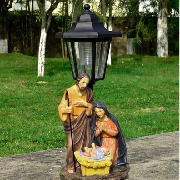 Tyidzon Christmas Decorations Jesus Figurines Solar Lights Outdoor LED Light-up Resin Statue with Nativity Manger Scene Outdoor Lights Waterproof for Home/Garden Decor, 12.4"H