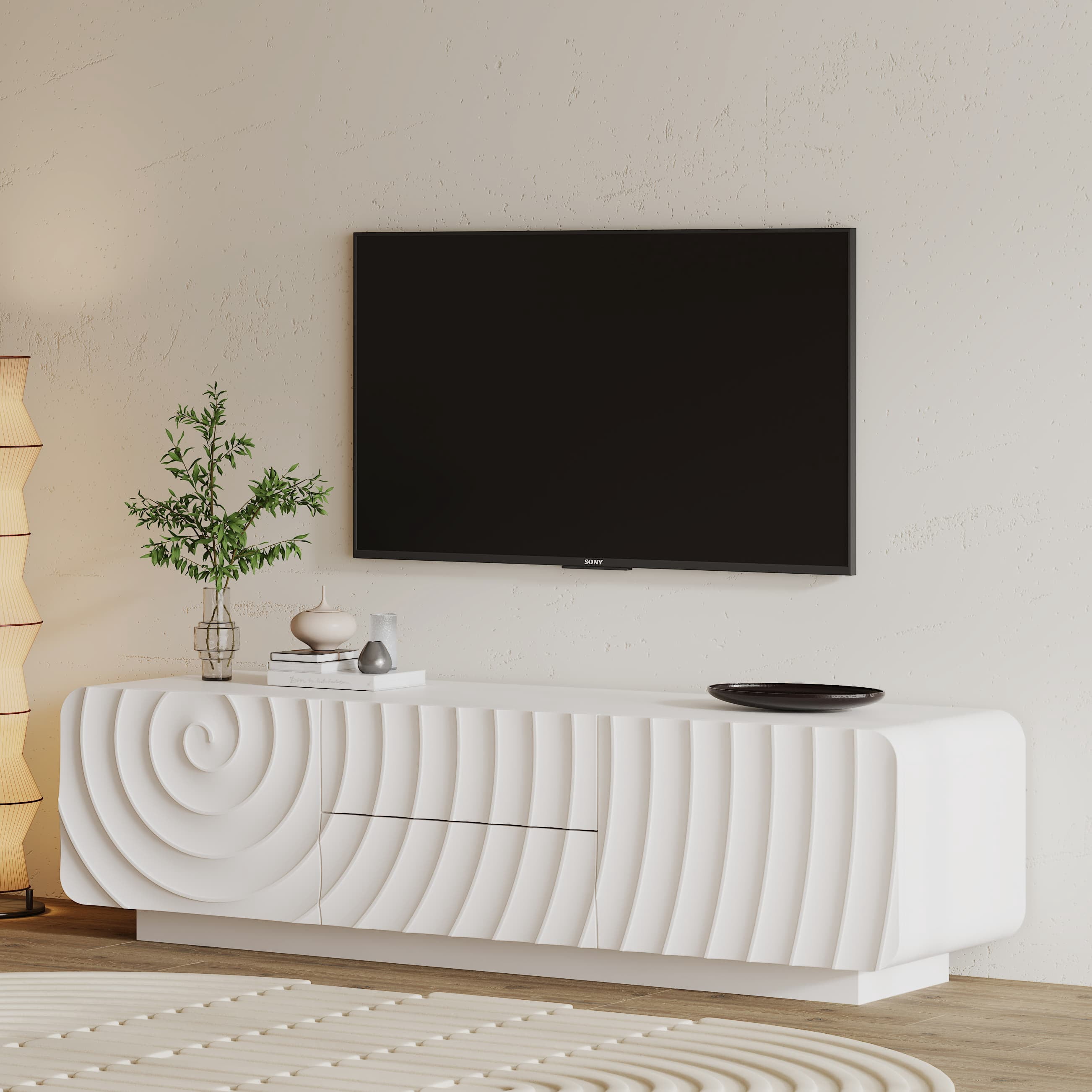 Aukfa TV Stand for TVs up to 65",Entertainment Center,3D Spiral Wave, Rounded Corners,White