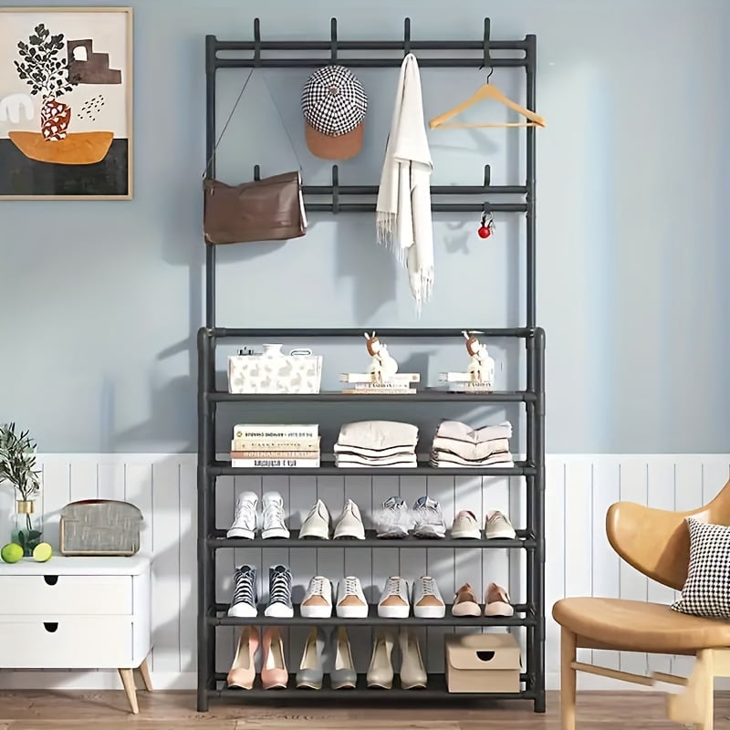 STORVIX 5-tier Multifunctional Metal Shoe Rack with 8 Double Hooks Shoes Storage