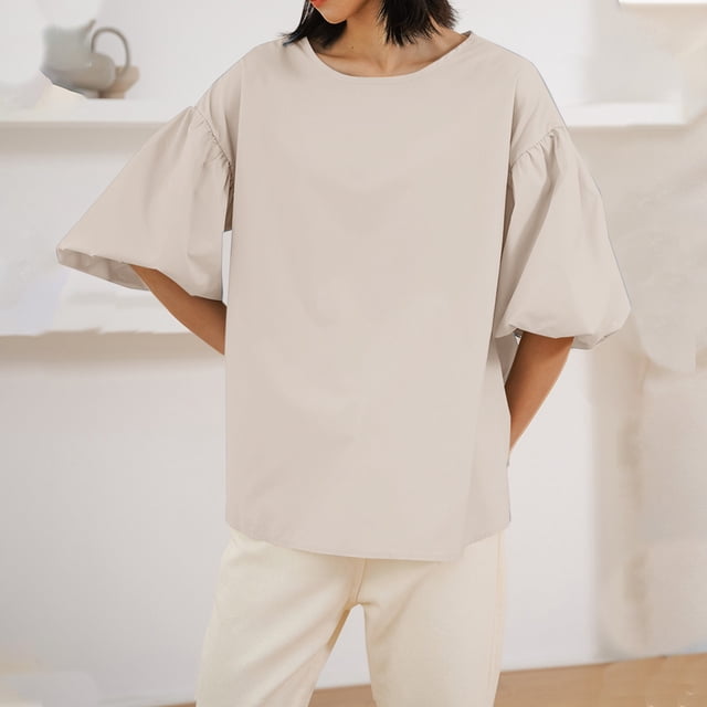 FcBaudy Hauts pour Femmes, Chemises pour Femmes, Manches Courtes Col Rond Blouses & Chemises d'Été Unies Chemises Amples Manches Bouffantes Manches Courtes Col Rond Blouses pour Femmes