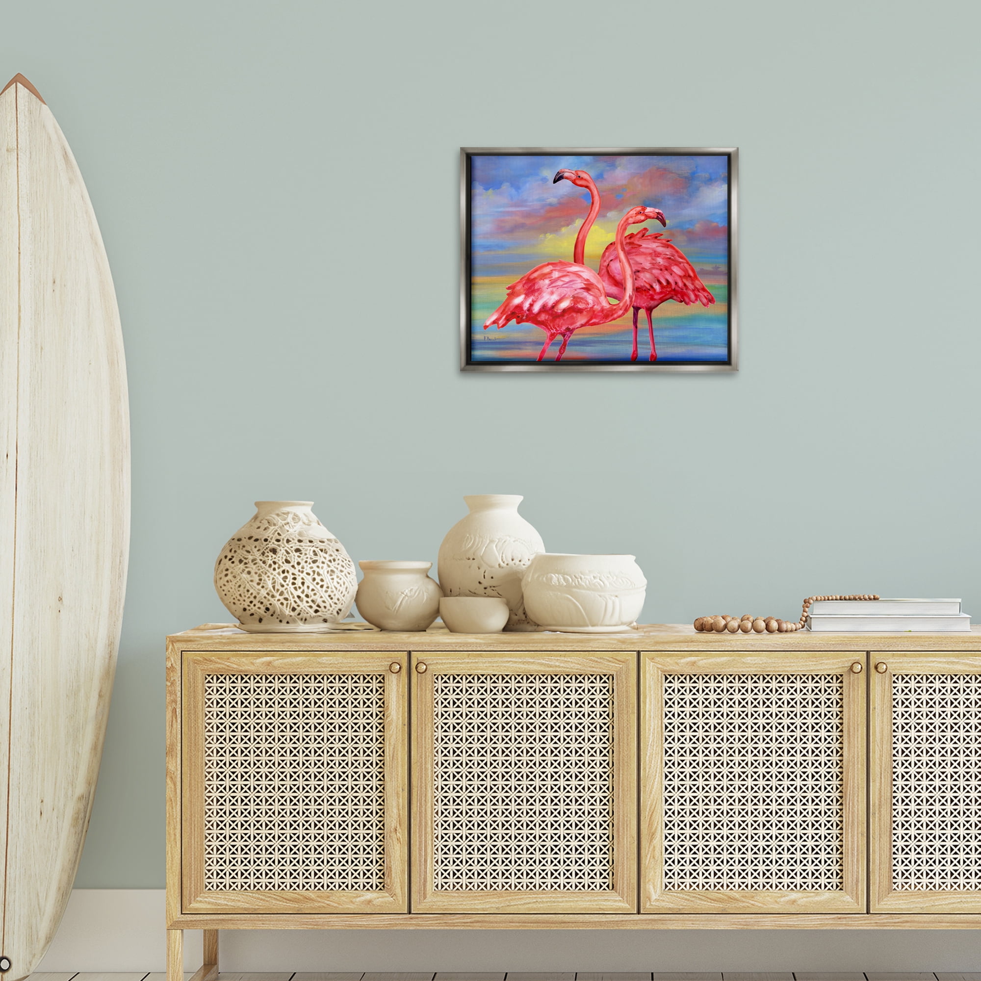 Stupell Industries Rainbow Sunset Flamingos Animals & Insects Painting Gray Floater Framed Canvas Art Print Wall Art, 21 x 17
