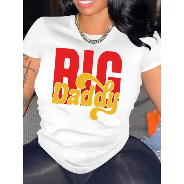 Creative English Dad Pattern Print Women's Fashion Trendy Round Neck Short Sleeve, Simple Casual Sports T-shirt, Comfortable Holiday Summer Top Women's Clothing