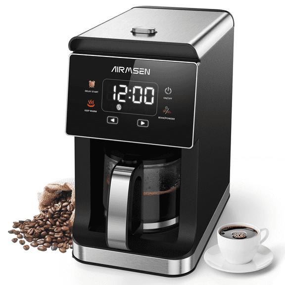 AIRMSEN 2 in 1 Drip Coffee Maker with Grinder, Compact 5-Cup Programmable Coffee Machine, 3 Grind Settings, 24-Hour Delay Brew & Extended Keep Warm