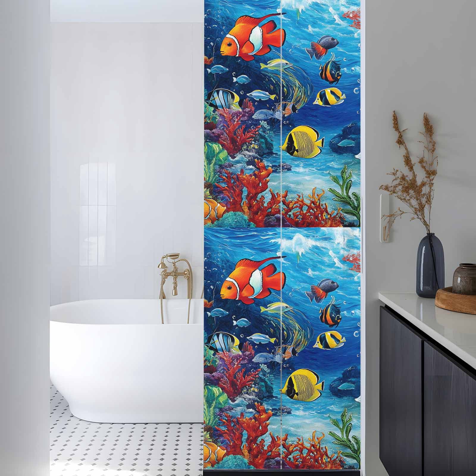 Ocean Underwater Window Privacy Film World Tropical Fish Coral Color Marine Life Decorative Glass Window Film UV Blocking Static Cling Non-Adhesive Sticker Covering for Home Door 17.7 x 78.7 inches