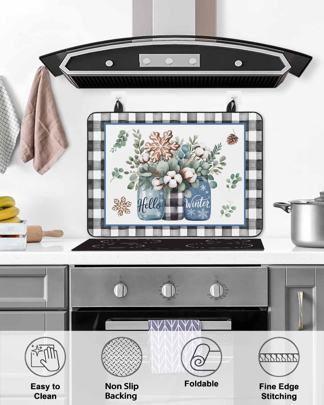 Large Induction Cooktop Protector Mat Christmas Stove Top Covers for Electric Stove, Winter Snowflakes Flowers Eucalyptus Leaves Plaid Decorative Stove Burner Cover Mats, Glass Top Stove Cover