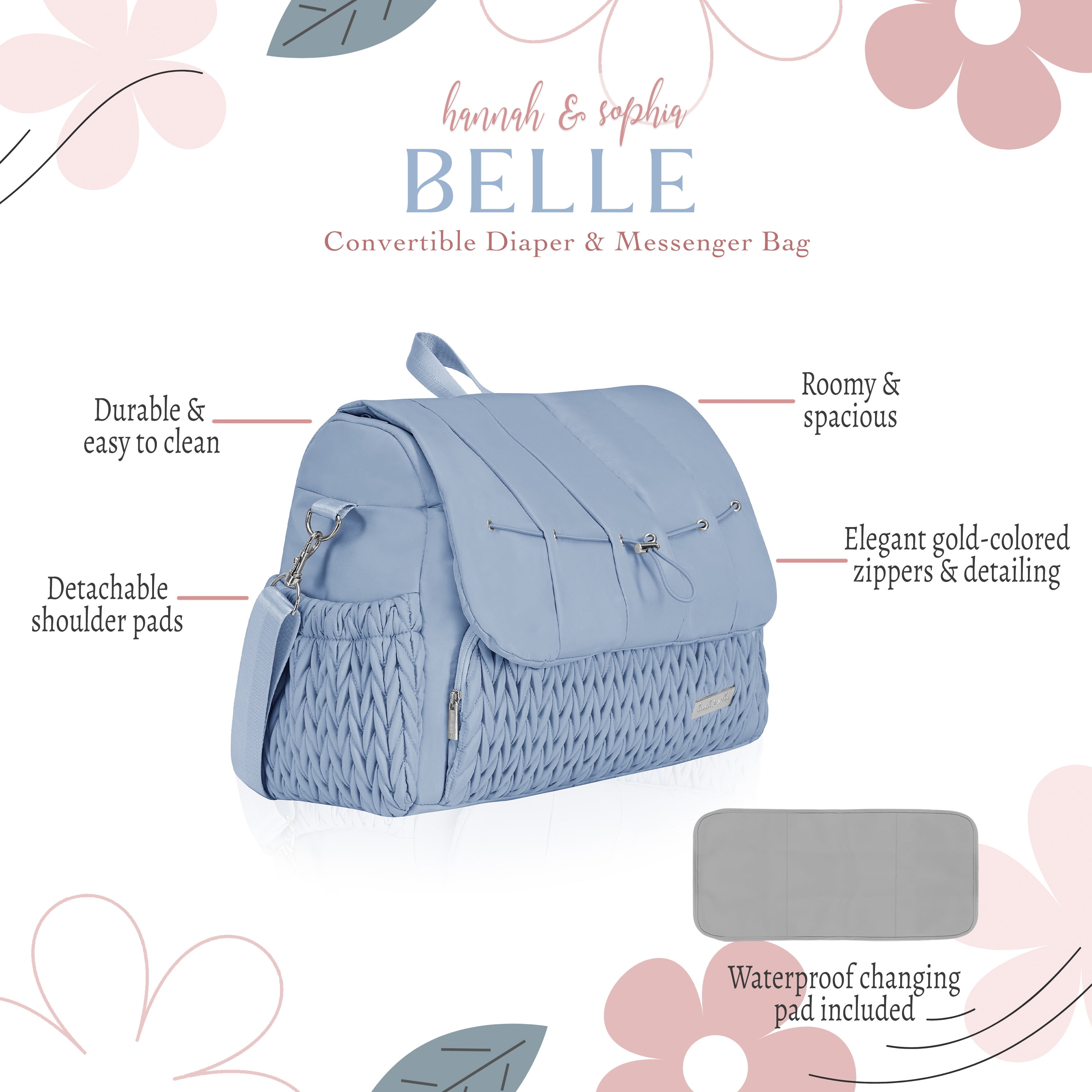 Sac à dos et sac messager convertible pour couches Hannah & Sophia Belle, bleu brume lunaire