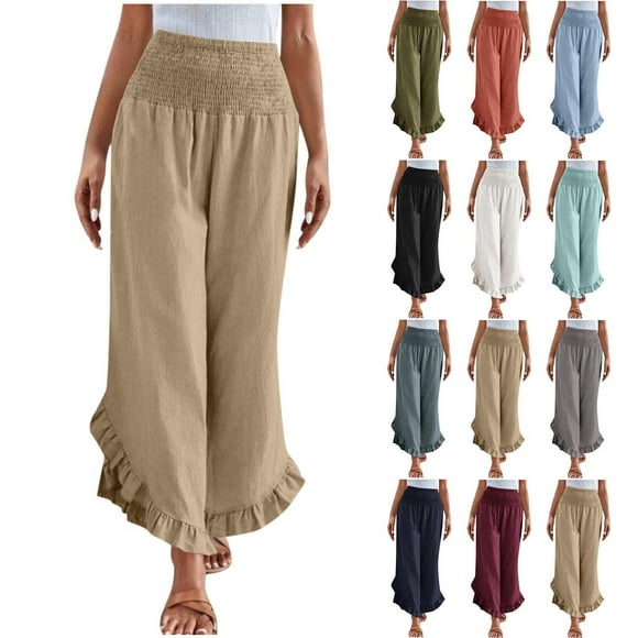 CFLVAEK Ruffle Hem Pants for Women Elegant Smocked High Waist Pant Dressy Casual Wide Leg Trousers for Office Business Orange XL