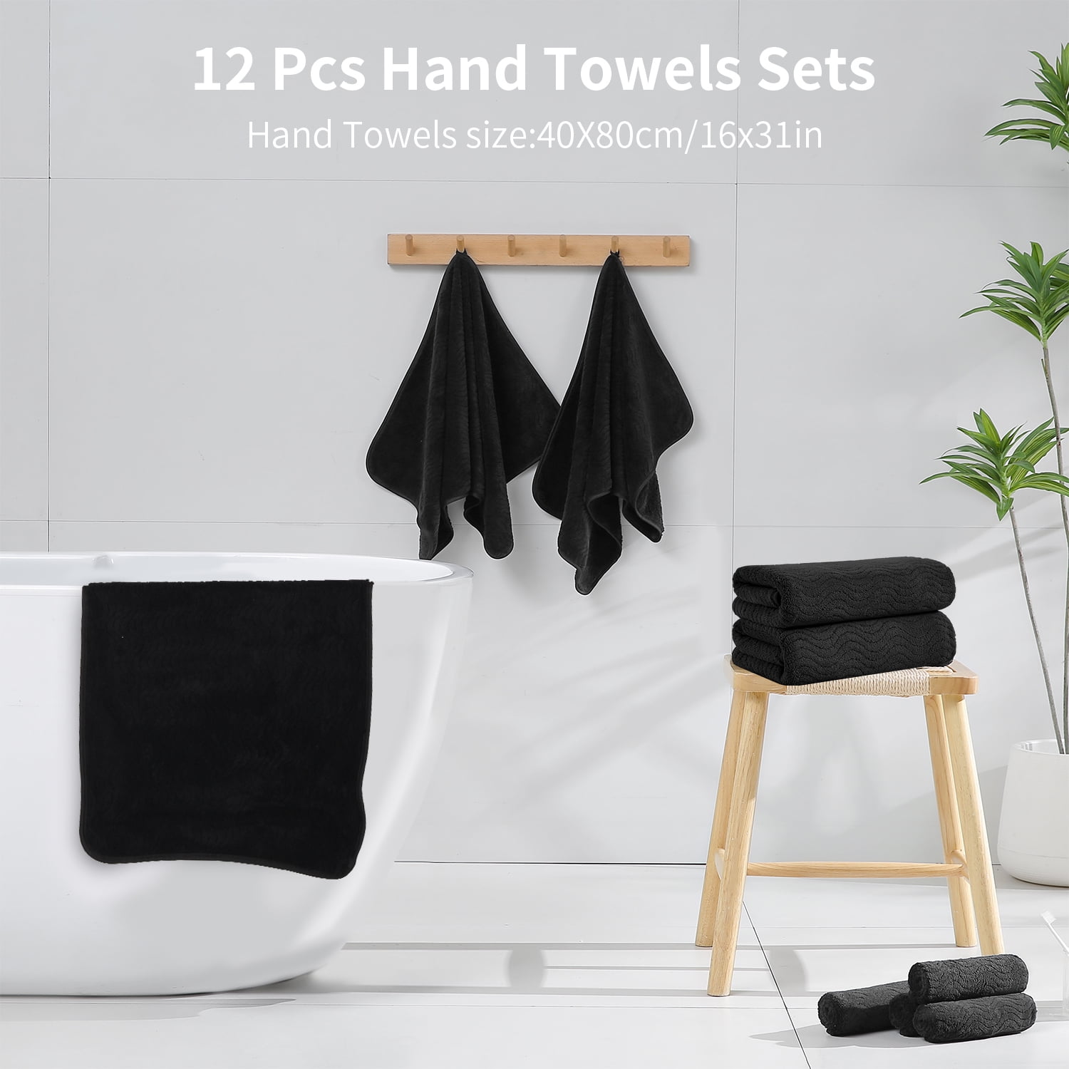 Jessy Home 12 Pack Black Hand Towel Set 16"x31" Soft Highly Absorbent Quick Dry Bathroom Towels 600 GSM Microfiber Plush Towels