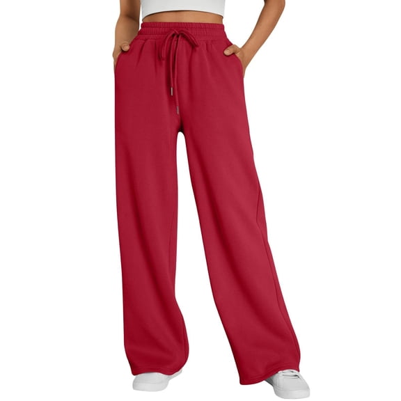 Dwelliawo Women's Wide Leg Sweatpants Double Waisted Fleece Baggy Sweat Pants Red S
