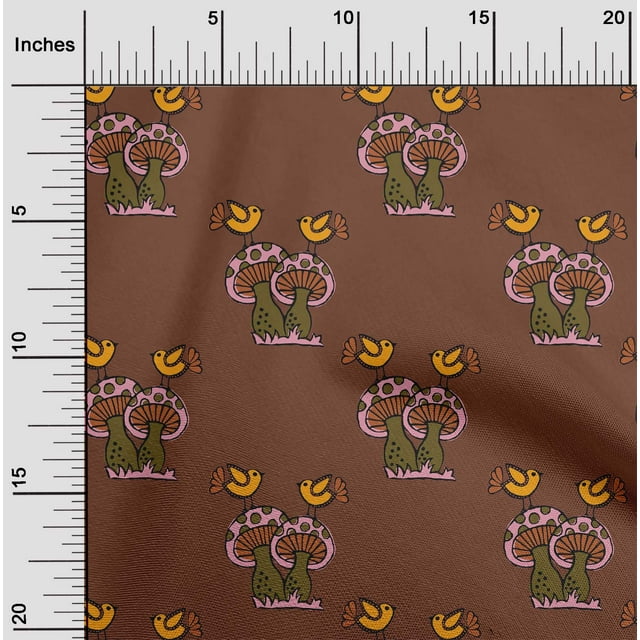 oneOone Cotton Poplin Fabric Bird & Mushroom Block Printed Craft Fabric BTY 56 Inch Wide