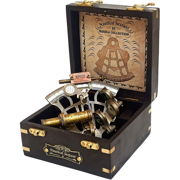 Antique Nautical Brass Ship Astrolabe Sextant with Wooden Box
