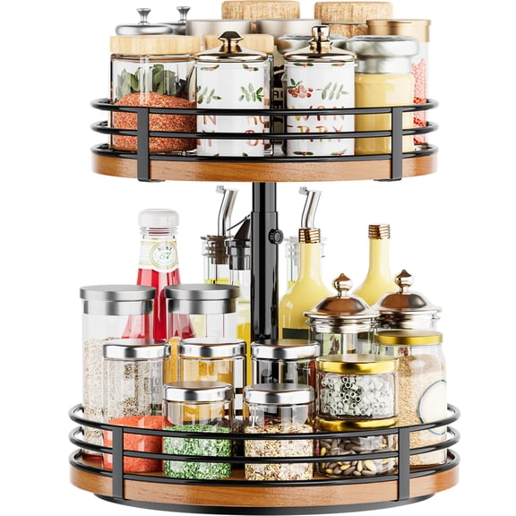 Adjustable 2 Tier Wood Lazy Susan Turntable 12" Rotating Spice Rack Organizer with Wire Guard Rails for Kitchen Cabinet Countertop Pantry Bathroom