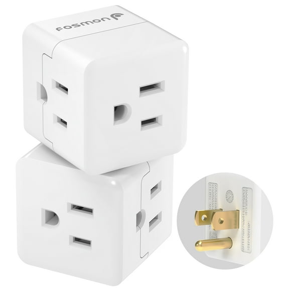 Fosmon [ETL Listed] 2 Pack 3 Outlets Electrical Adapters Plug For Travel, Cruise, Home & Office, Grounded 3 Prong Plug In Wall Adapter Charger, 3 Way, Multi Plug & Cube Wall Outlet Extender, White