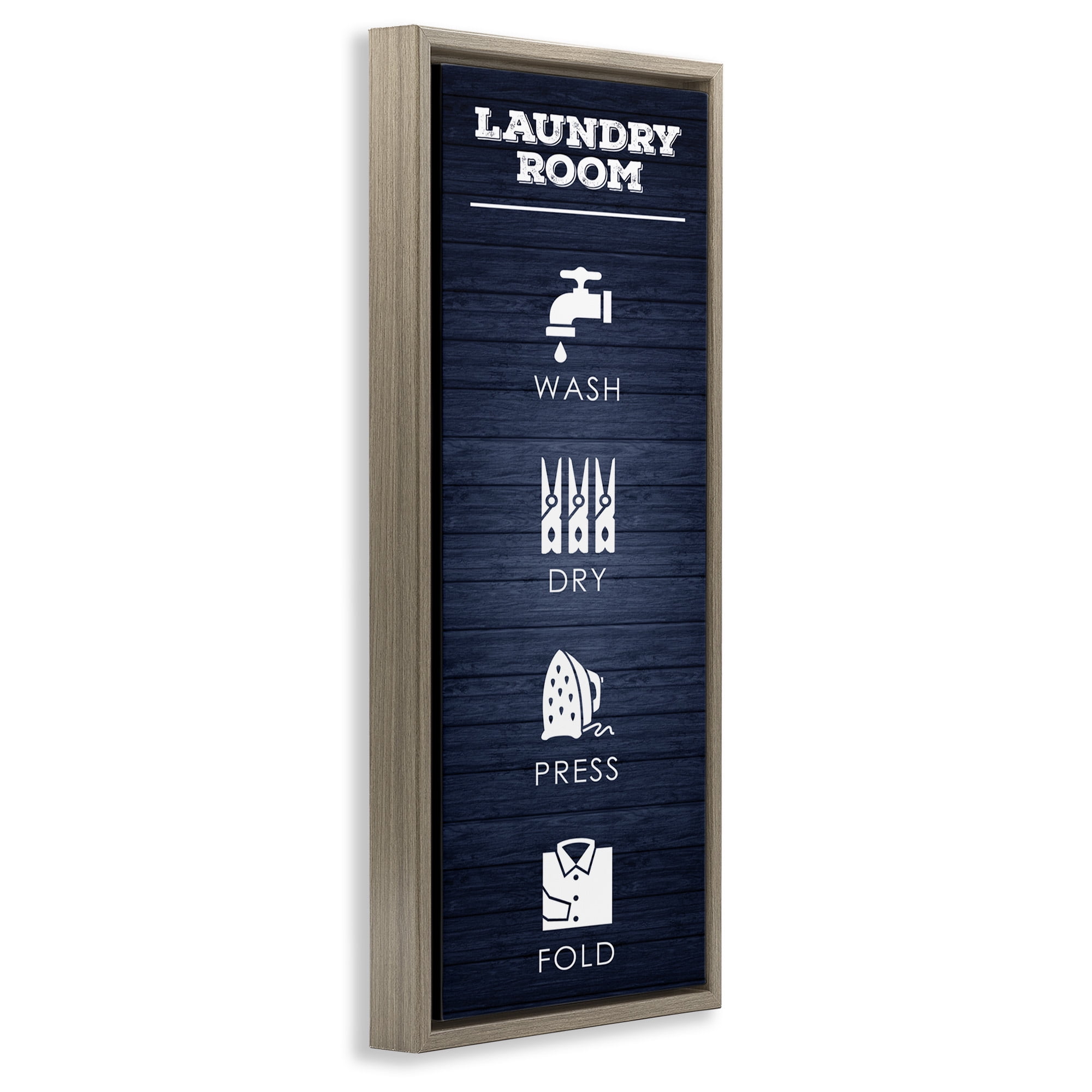Stupell Industries Laundry Room Icons Rustic Blue Typography Painting Brown Floater Framed Canvas Art Print Wall Art, 11 x 25