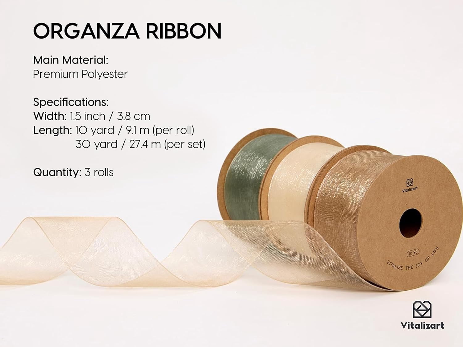 Organza Ribbon 1.5" x 30 Yd Cream White Rose Gold & Dusty Green Sheer Ribbons for Gift Wrapping Crafts Christmas Party Decor Bows Wedding Invitations Wreaths Bouquet