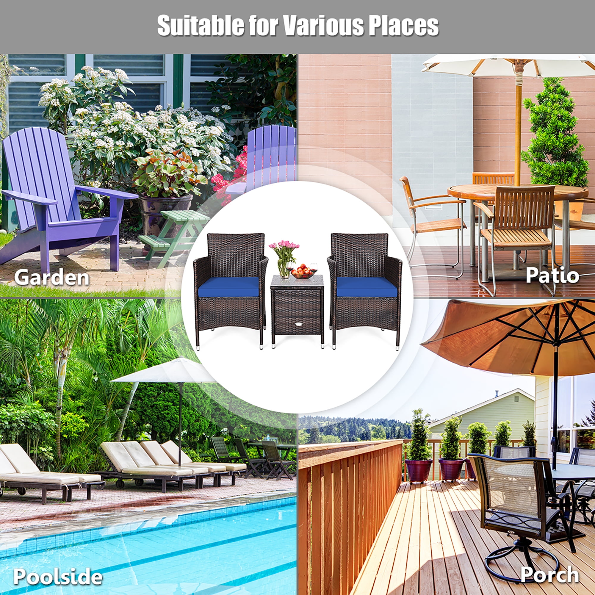 Costway Outdoor 3 PCS Rattan Wicker Furniture Sets Chairs Coffee Table Garden Navy