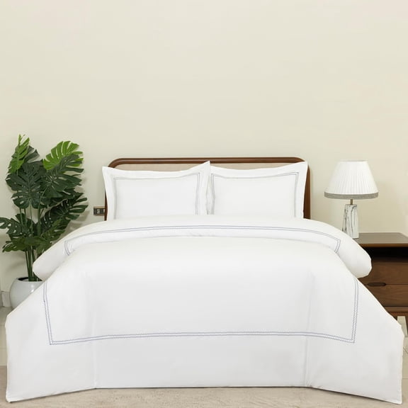 Dreamology White Duvet Cover Queen 100% Cotton Embroidered 3 Piece Set, Soft, Lightweight T300 Sateen (Chevron Navyblue)