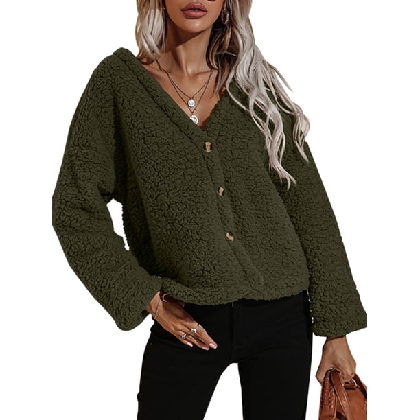 Chaqueta de lana para mujer Abotonada Manga larga Cuello en V Fuzzy Abrigos casuales cálidos MABOTO Abrigo de mujer