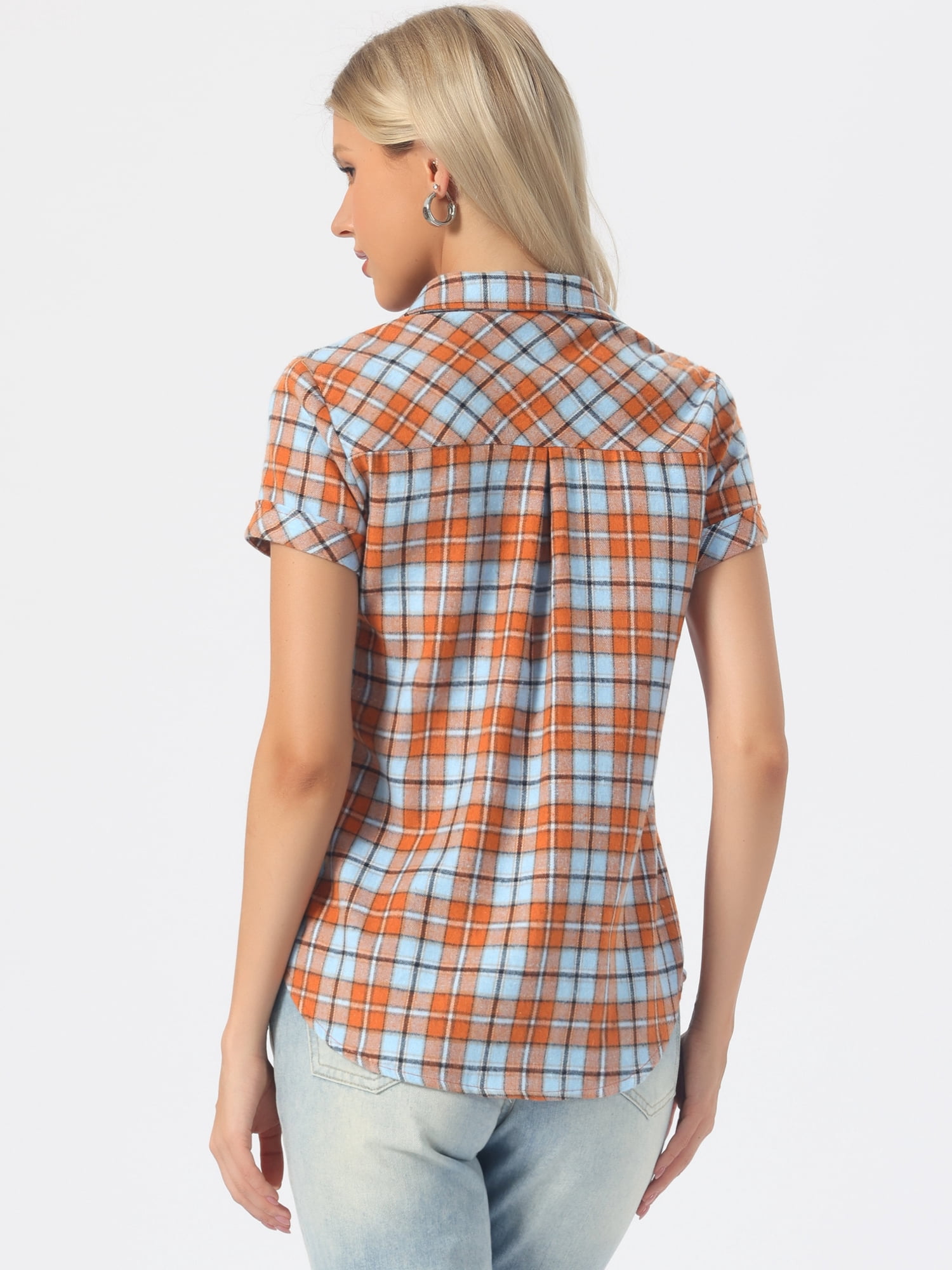 DARING DIVA Women's Plaid Shirts Cotton Short Sleeve Button Down Shirt M Deep Orange
