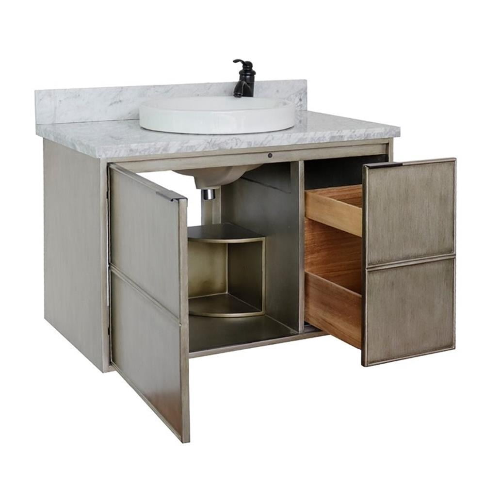 Bellaterra Home 37" Single wall mount vanity in Linen Brown finish top with White Carrara and round sink