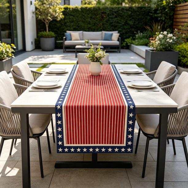 Anniversary Of Independence Day Table Runner Star-Printed -Style Linen Table Runner