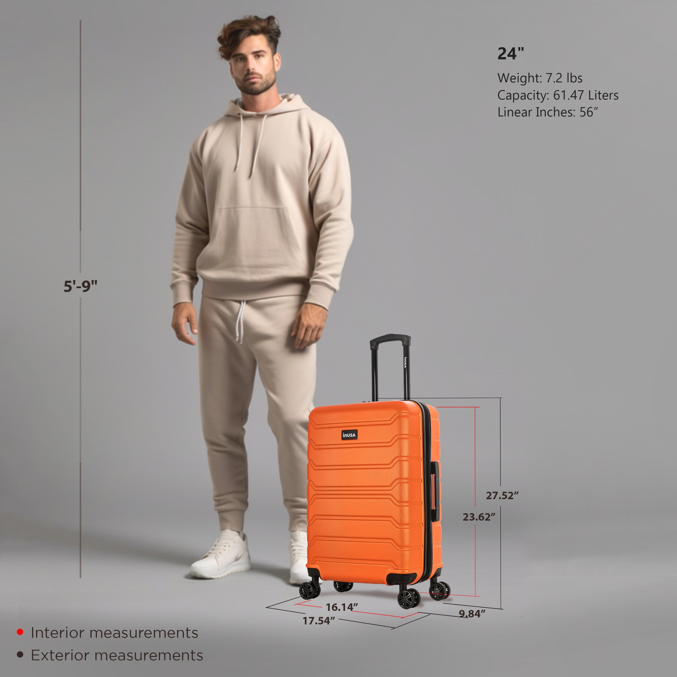 InUSA Trend 24" Hardside Lightweight Luggage with Spinner Wheels, Handle, and Trolley, Orange