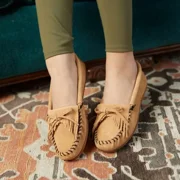 Minnetonka Women's Kilty Suede Hardsole Moccasin, Taupe, 7 M US