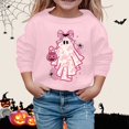 thumbnail image 2 of CUZIBR Girls Halloween Crewneck Sweatshirt Pumpkin Bow Ghost Flower Graphic Pullover Long Sleeve Casual Fall Winter Clothes,Pink,12-18 Months, 2 of 4