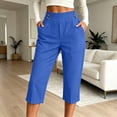 thumbnail image 2 of Capris for Women with Pockets Cotton Linen High Waisted Pants Dressy Casual Cropped Pant Casual Summer Yoga Capris Blue L, 2 of 4