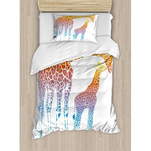 Ambesonne Giraffe Mom and Kid Giraffe in Rainbow Colors Duvet Cover Set