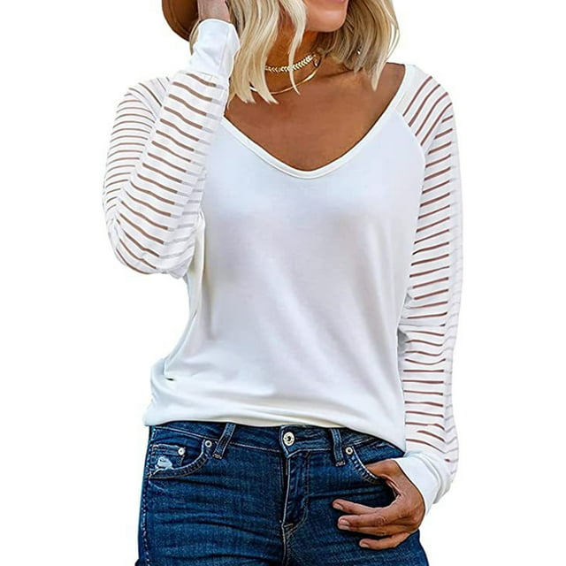 Camisa de manga larga de malla a rayas para mujer, blusa informal con cuello en V, tallas S a XXL