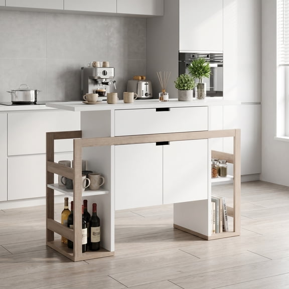iooHug 47.2" Two-Tone White Taupe Modern Buffet Storage Cabinet, 1 Drawer 2-Door Sideboard with 4 Open Side Shelves for Kitchen Living Room Entryway Family Use