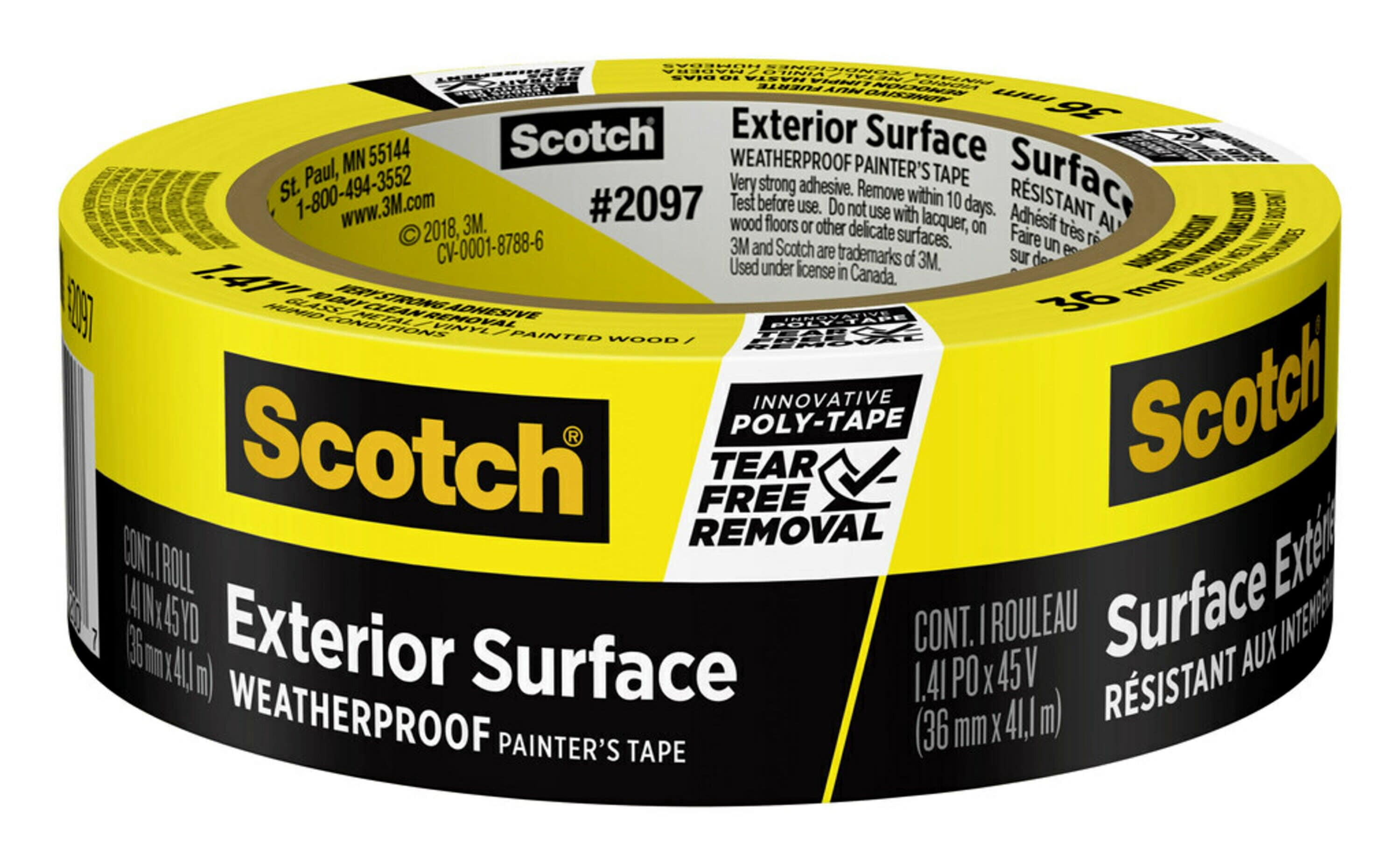 EXTERIOR SURFACE High Strength Painter's Tape 1 pk NEW 3M Scotch 1.41" x 45 yd 