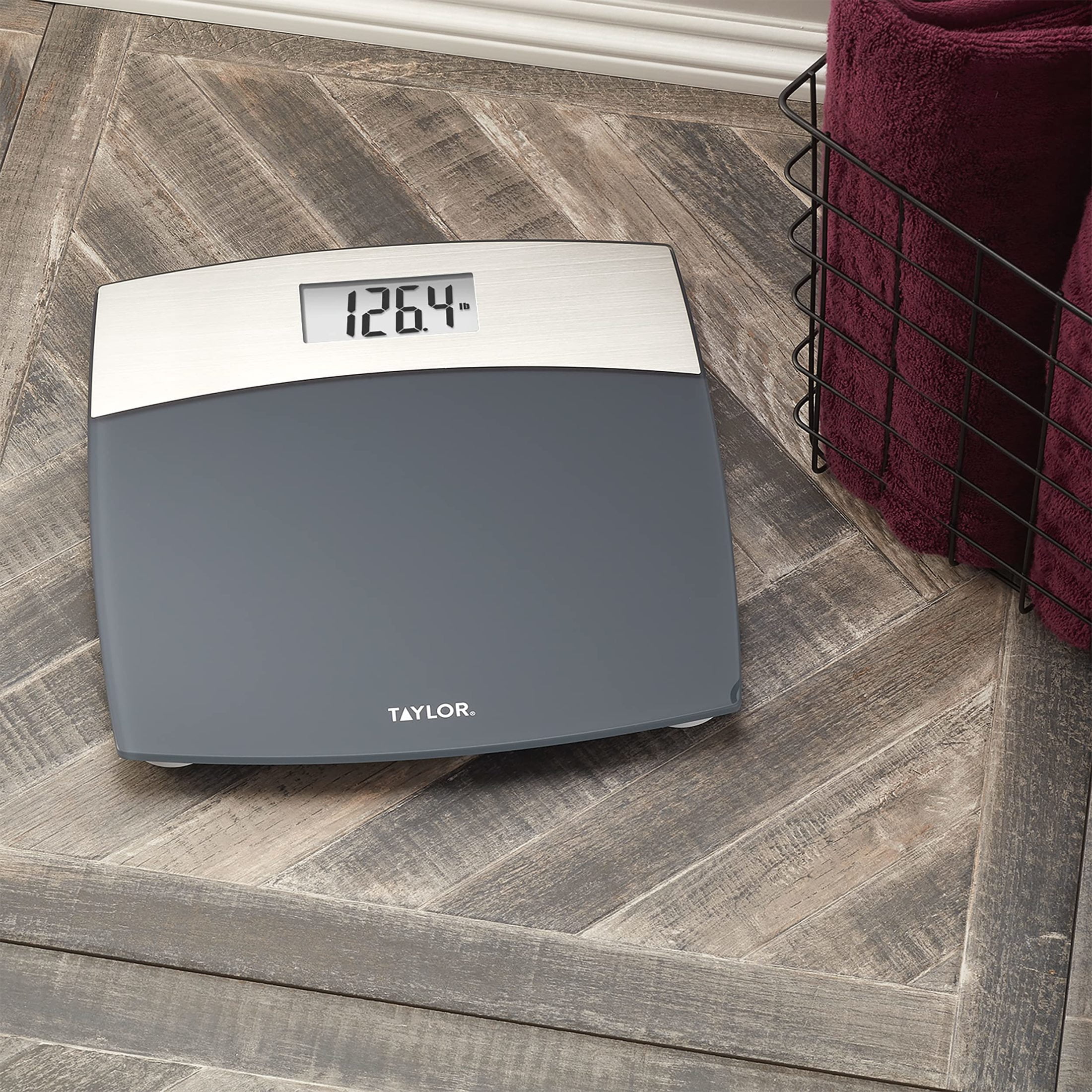 Taylor Precision Products Digital Bathroom Scale – 12.4" Tempered Glass Platform, 440 lb Capacity Body Weight Monitor with White Backlit Display & Precision Sensors for Accurate Readings (Grey)