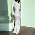 thumbnail image 4 of Maxi Dresses for Women Elegant Classy Fall Long Bell Sleeve Ruched Bodycon Fitted Cocktail Party Slit Dress White XS, 4 of 8