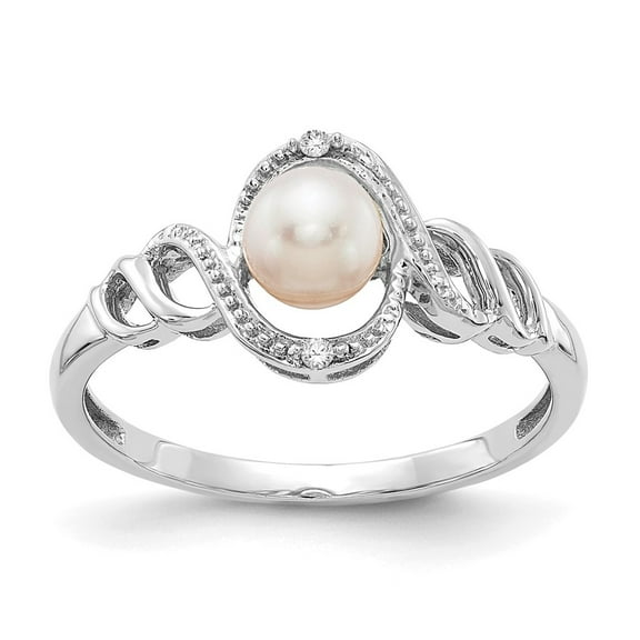10K White Gold Ring Band Pearl (06) June Diamond Round Freshwater
