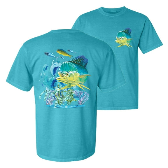 Wild Bobby, Classic Fresh Mahi Classic Nautical Fish, Fishing, Front and Back Garment-Dyed Short Sleeve Tees, Blue Lagoon, Small