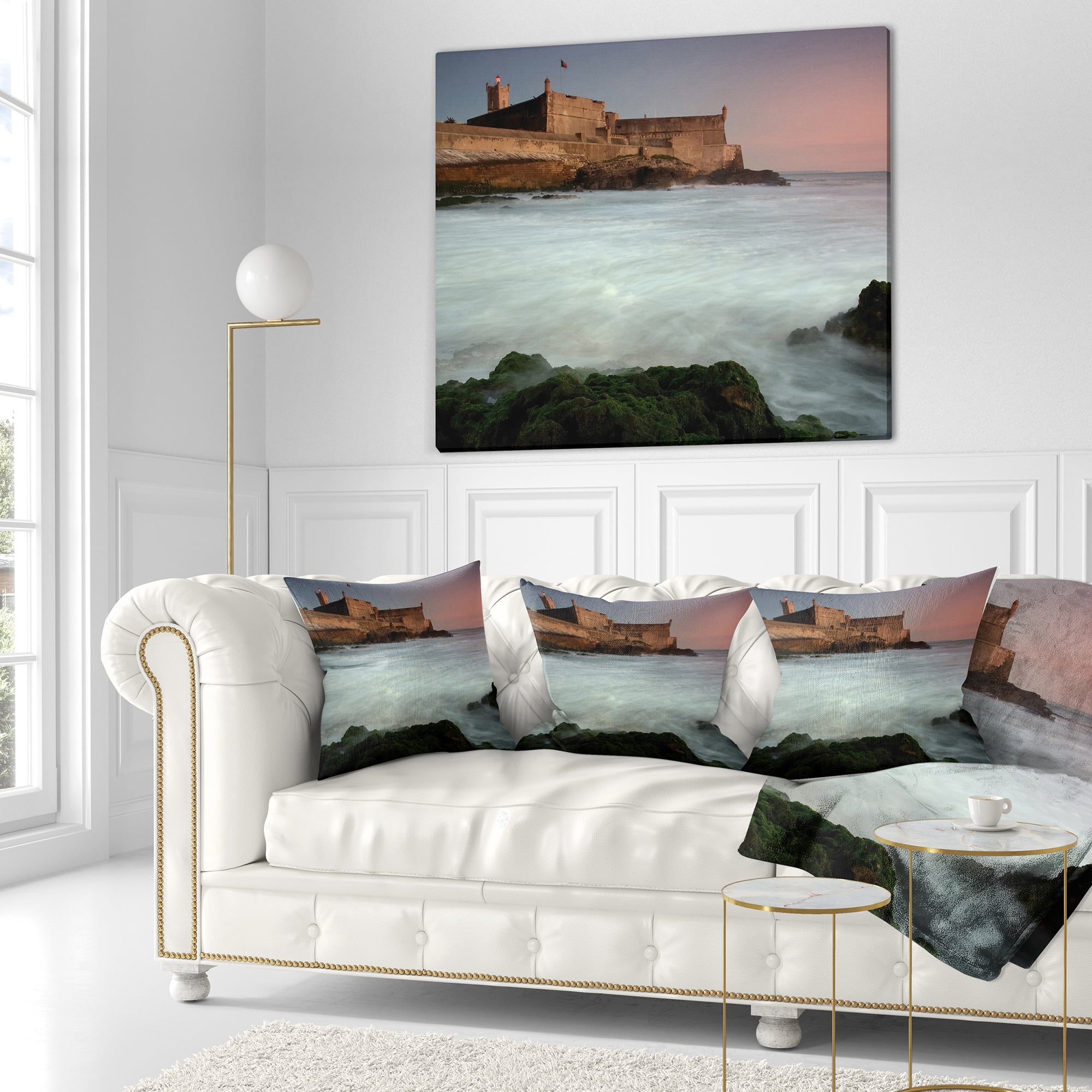 Designart White Seascape at Old Fort Lisbon - Seashore Throw Pillow - 16x16