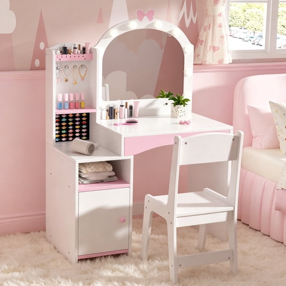 Guqiart Kids Vanity, Wooden Kids Vanity Table and Chair Set,Girls Vanity Set with Mirror and Lights, Jewelry Storage, Shelves